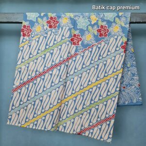 Kain Batik Katun Cap Premium Cream Biru Motif Bunga